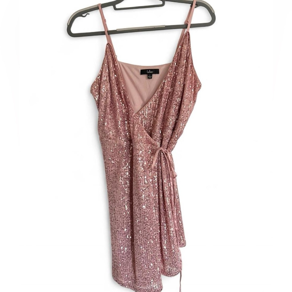 Lulu's Light Pink Sequin Wrap Mini Dress Size L